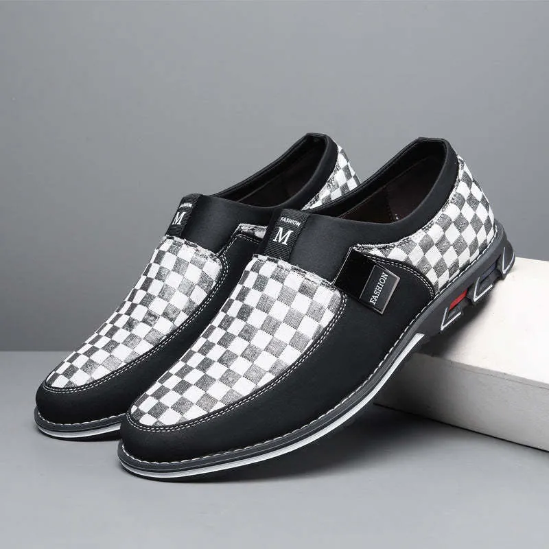 Large size men's business casual shoes with grid pattern, round toe, cloth upper, sizes 39-50, Black, Red, and White