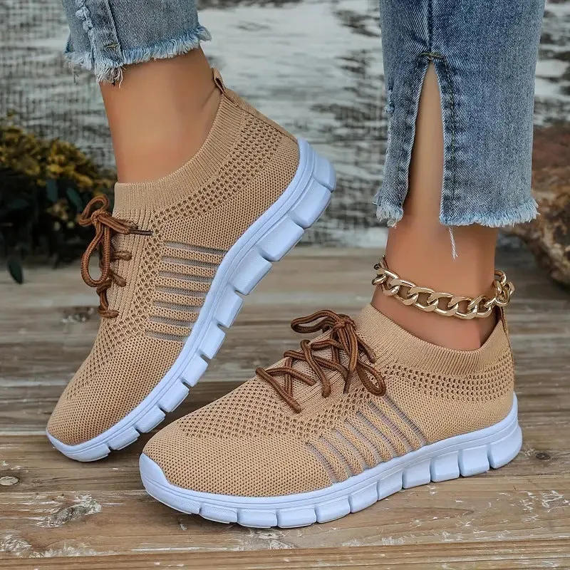 Women's breathable mesh sports flats in multiple colours with front-tie lacing and EVA sole