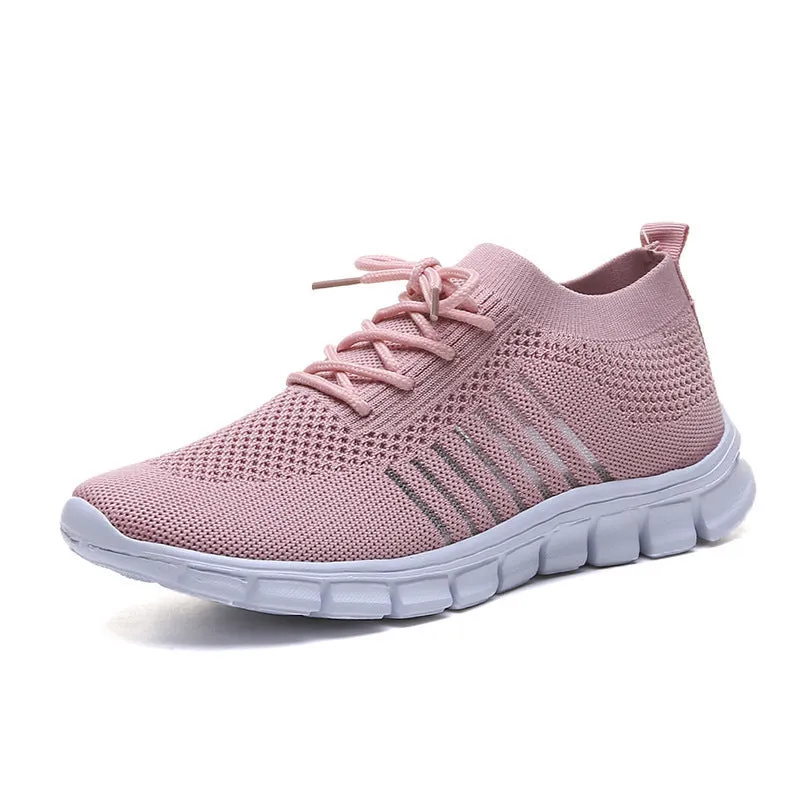 Women's breathable mesh sports flats in multiple colours with front-tie lacing and EVA sole