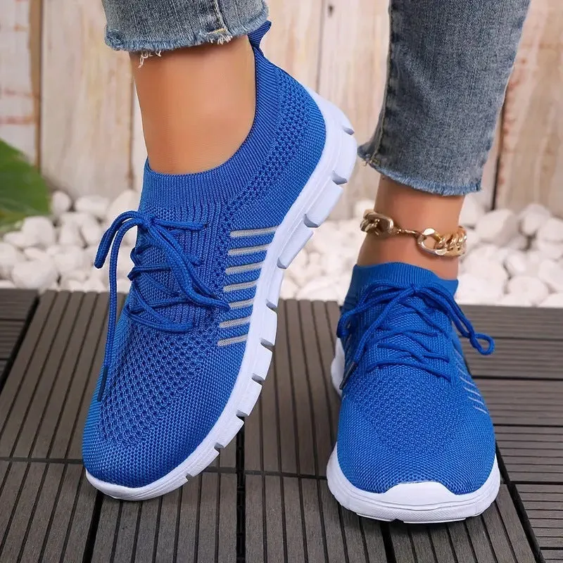 Women's breathable mesh sports flats in multiple colours with front-tie lacing and EVA sole
