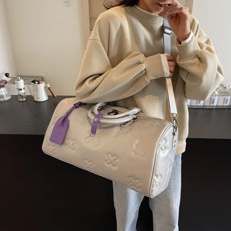 PU embossed travel bag women's large capacity 20-35L in beige with expansion function