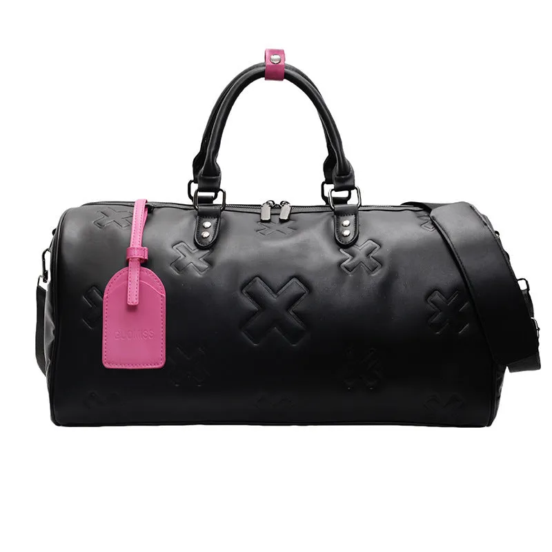PU embossed travel bag women's large capacity 20-35L in beige with expansion function