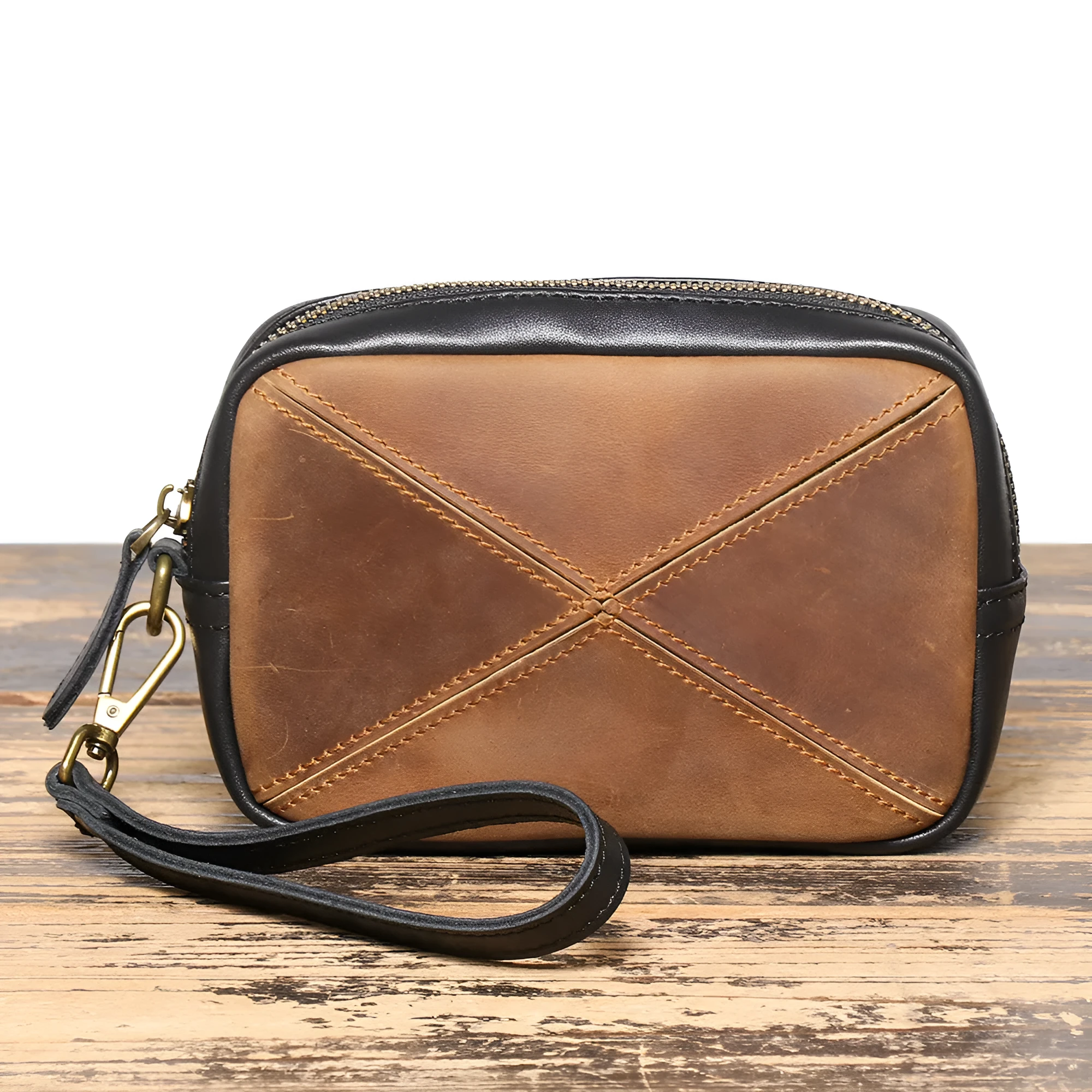 Unisex retro brown genuine leather messenger bag with artistic stitching and horizontal square shape on a plain background