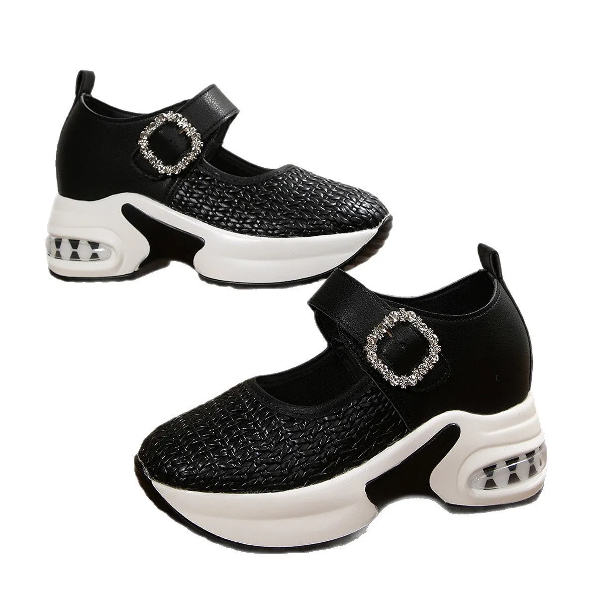 Women's low-top woven wedge shoes in black with leather lining and rubber sole, mid heel 3-5cm
