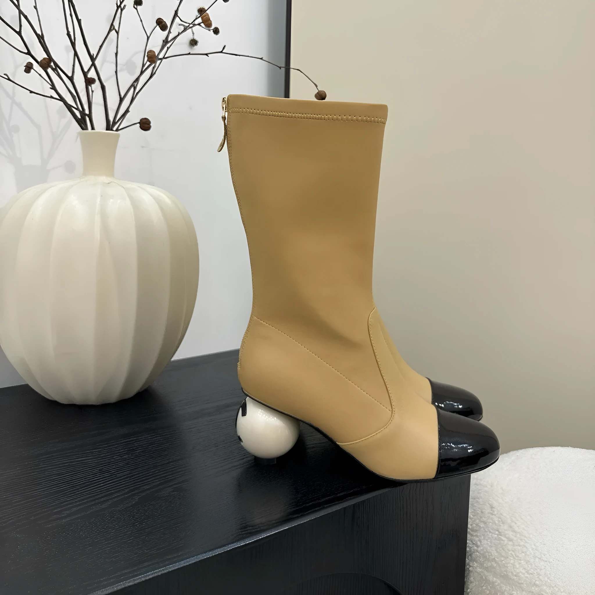 Women's chunky heel ankle boots in apricot with round toe, back zipper, and sheepskin lining