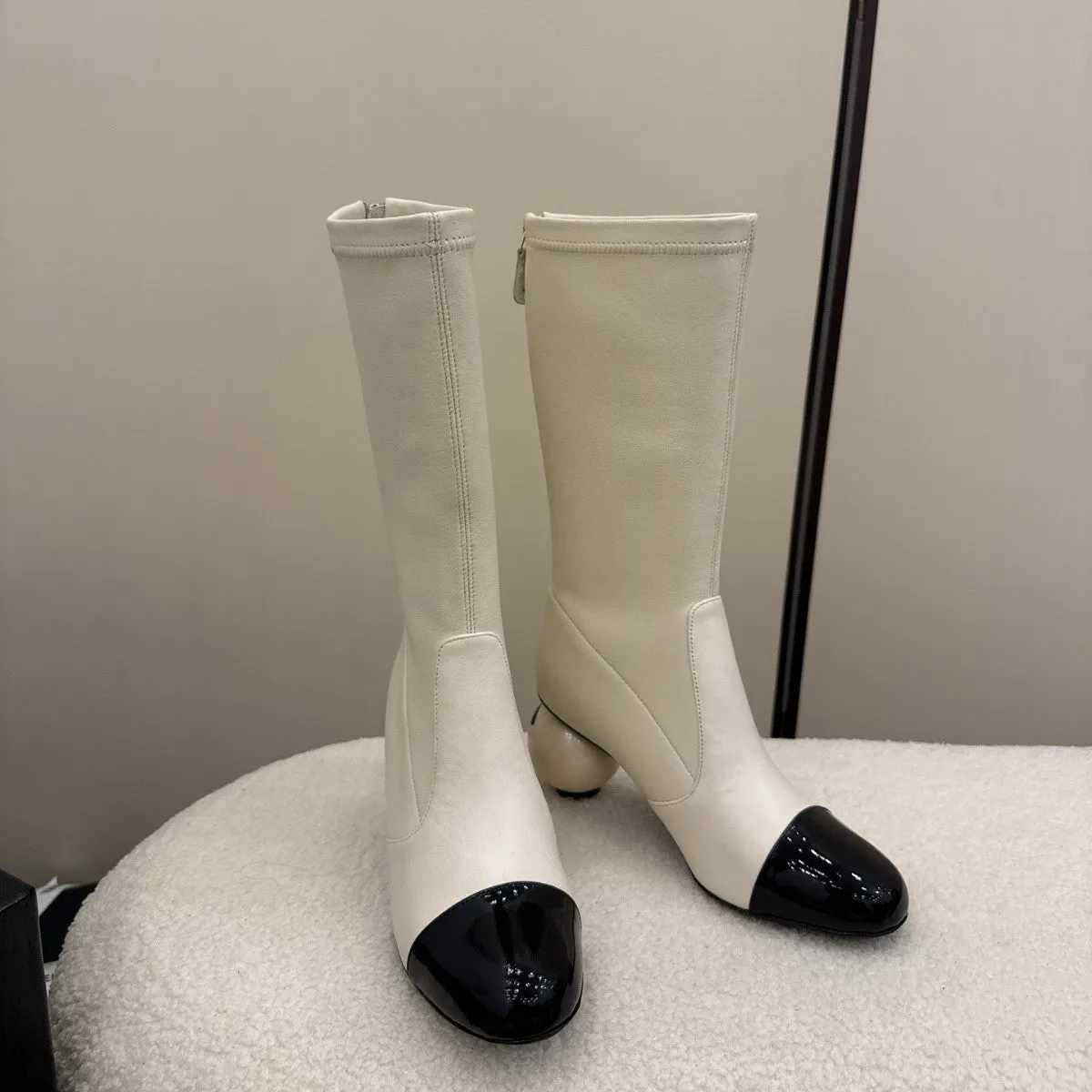 Women's chunky heel ankle boots in apricot with round toe, back zipper, and sheepskin lining