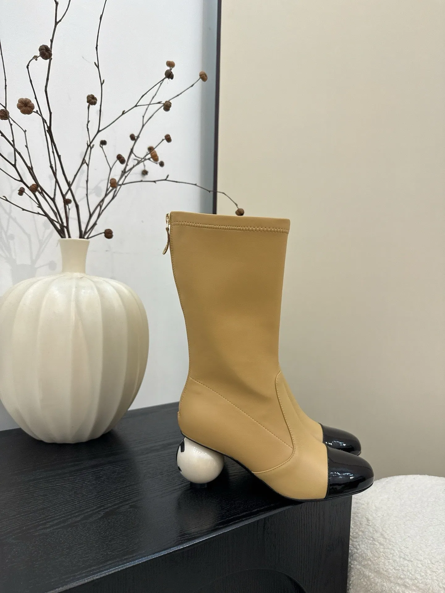 Women's chunky heel ankle boots in apricot with round toe, back zipper, and sheepskin lining