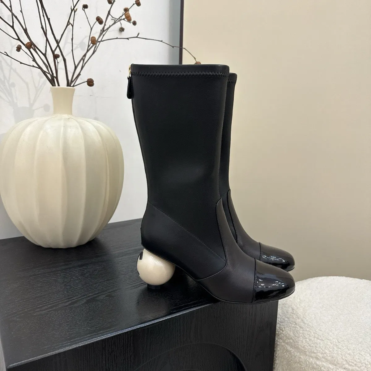 Women's chunky heel ankle boots in apricot with round toe, back zipper, and sheepskin lining