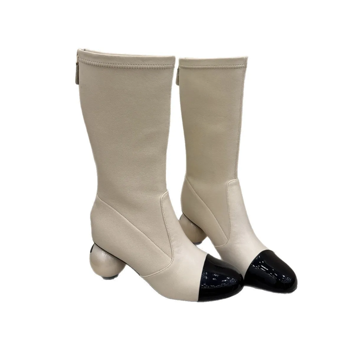 Women's chunky heel ankle boots in apricot with round toe, back zipper, and sheepskin lining