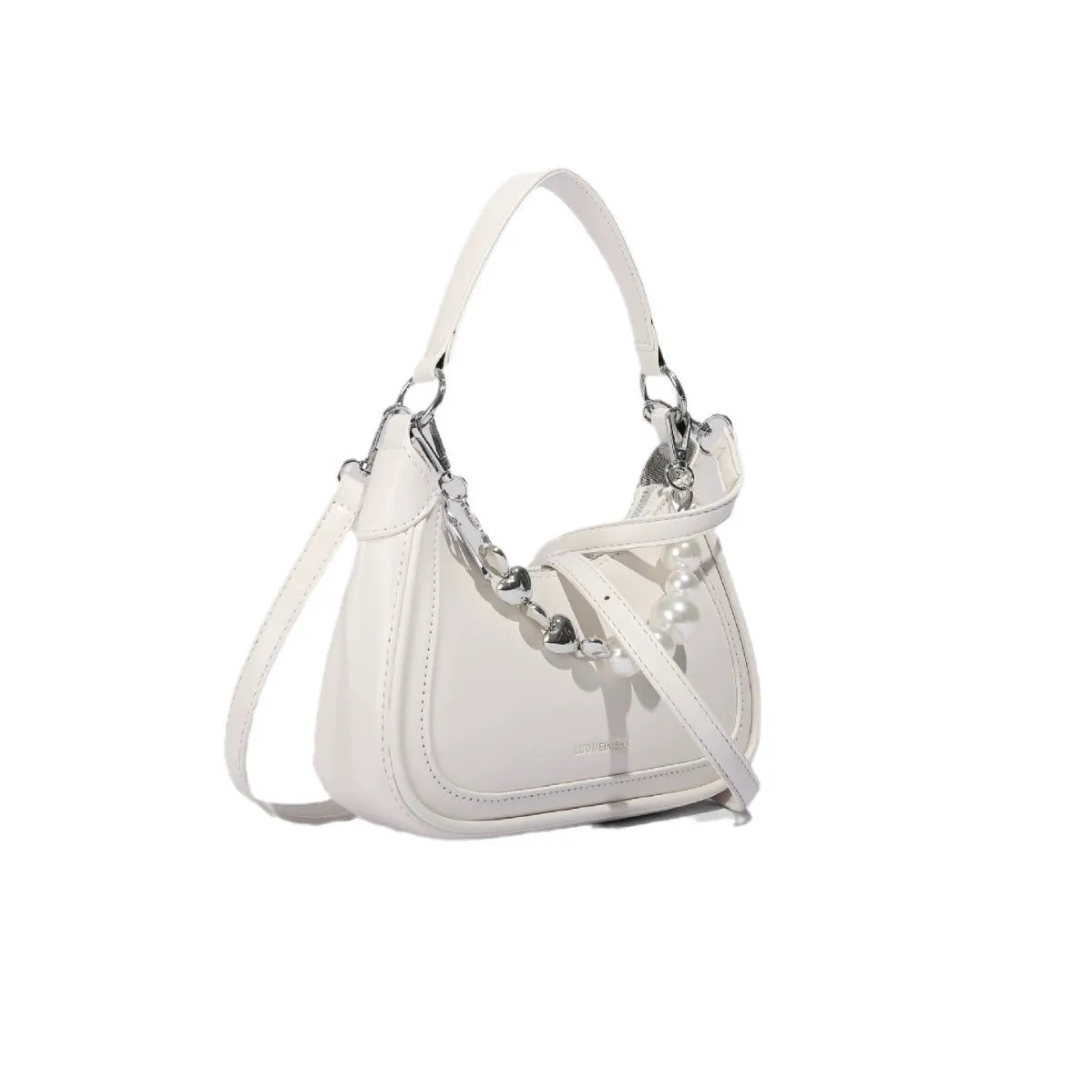White PU crossbody bag vertical square shape with sewing line detail and three-dimensional outer pocket