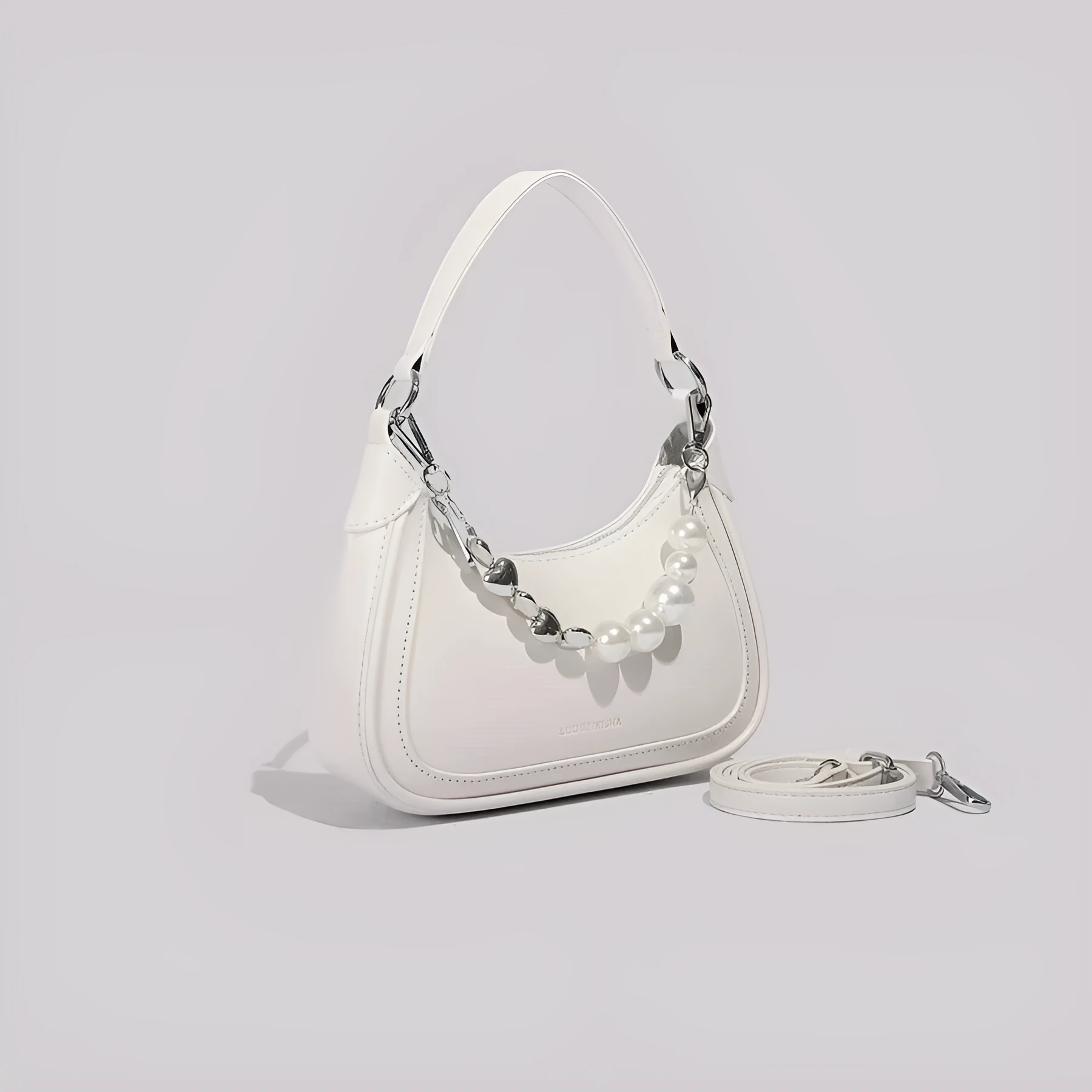 White PU crossbody bag vertical square shape with sewing line detail and three-dimensional outer pocket