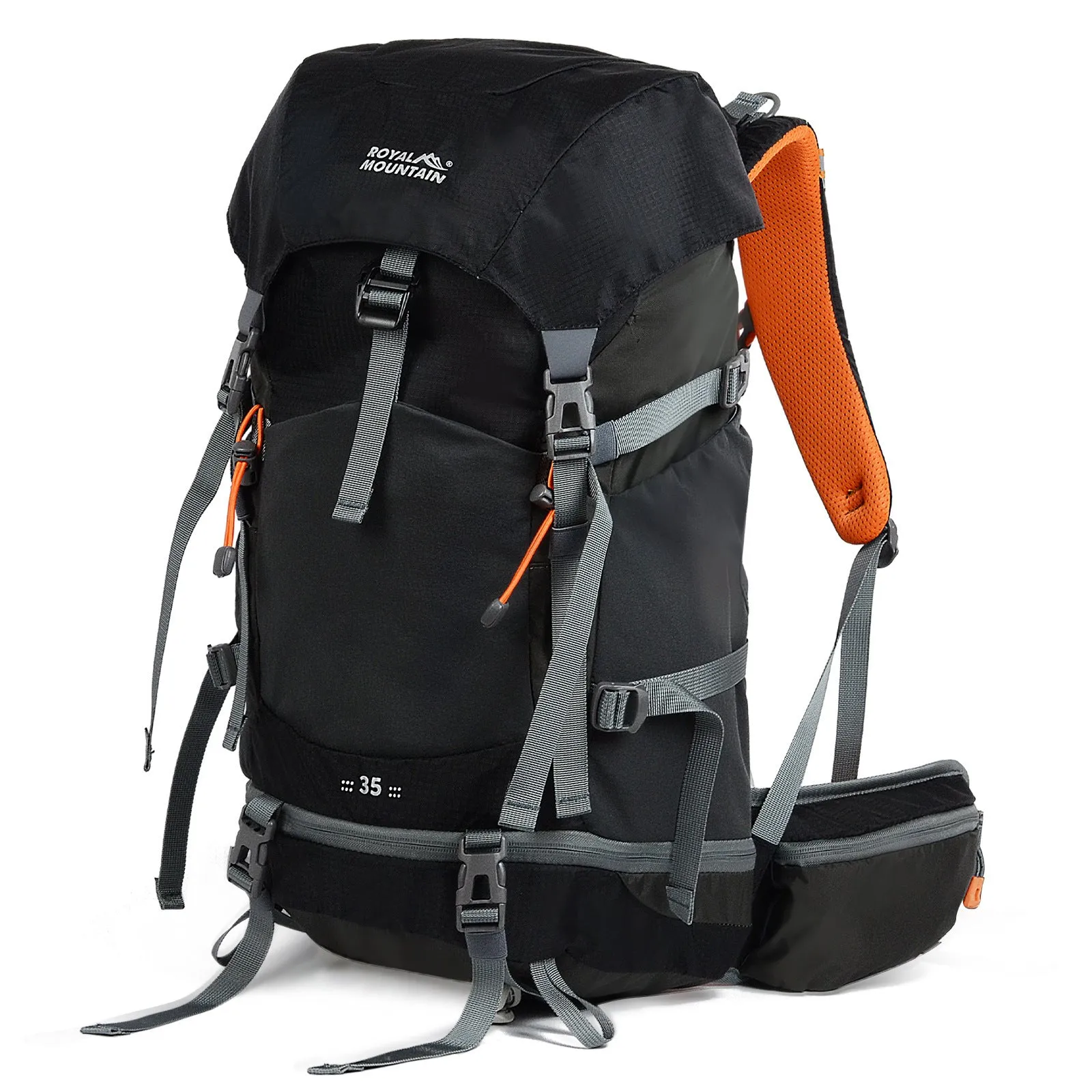 35L outdoor hiking backpack in black nylon with breathable back panel and SOS whistle