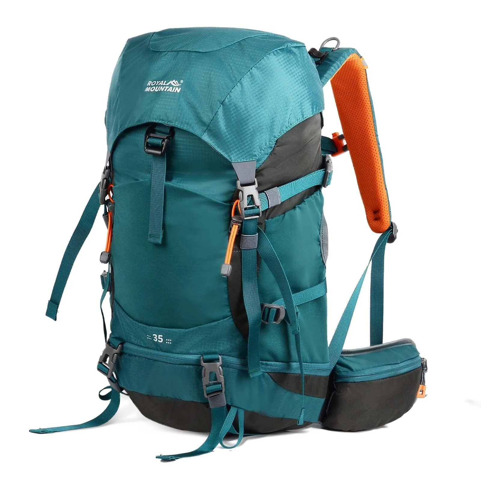 35L outdoor hiking backpack in black nylon with breathable back panel and SOS whistle