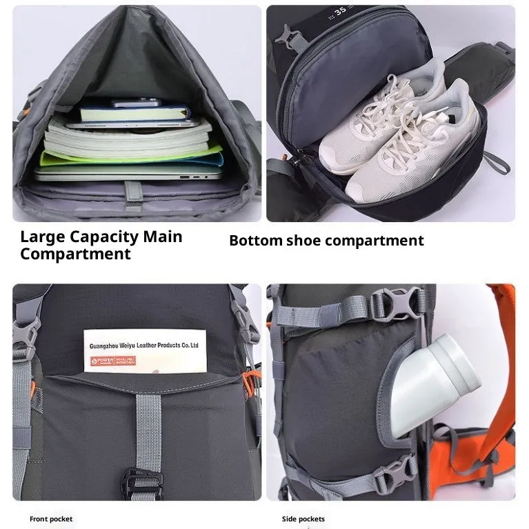 35L outdoor hiking backpack in black nylon with breathable back panel and SOS whistle
