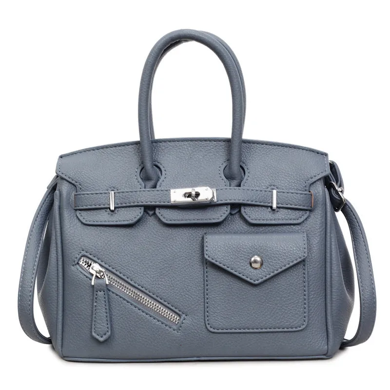 PU leather retro cross-body bag in solid colour with stitching, lock detail, and horizontal square shape