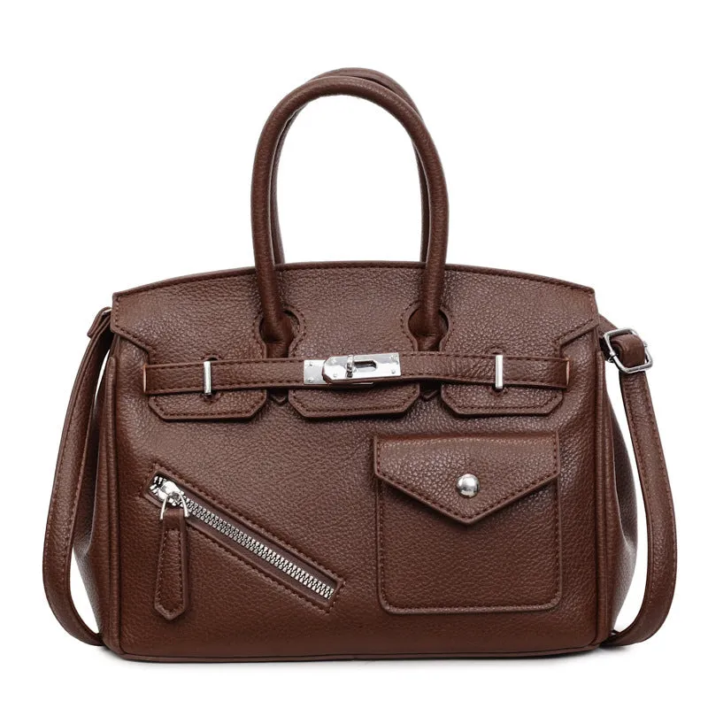 PU leather retro cross-body bag in solid colour with stitching, lock detail, and horizontal square shape