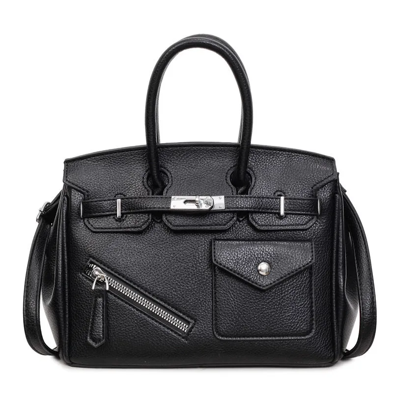 PU leather retro cross-body bag in solid colour with stitching, lock detail, and horizontal square shape