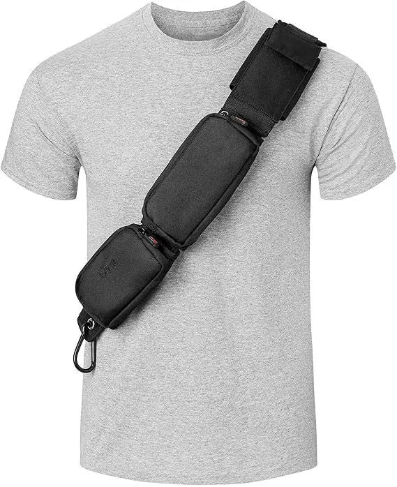 Black polyester passport crossbody bag with three pockets and tactical sling, compact 22.86 x 3.51 x 2.03 cm