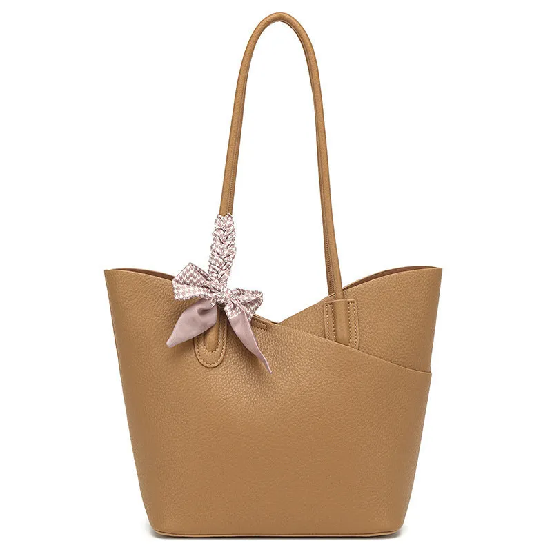 PU large-capacity casual shoulder handbag in brown with vertical square shape and sewing line detailing