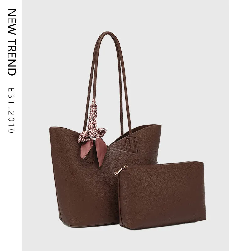 PU large-capacity casual shoulder handbag in brown with vertical square shape and sewing line detailing