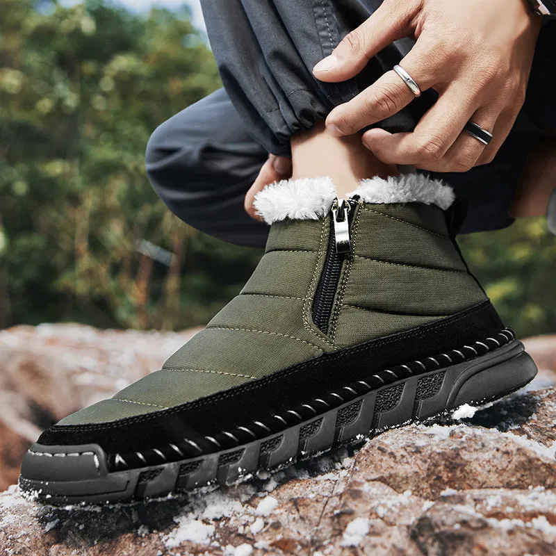 Men's plus size snow boot in black with round toe, cotton upper, and rubber sole.