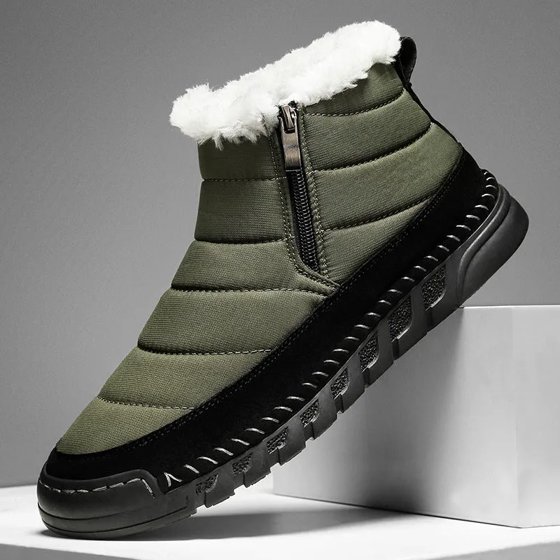 Men's plus size snow boot in black with round toe, cotton upper, and rubber sole.