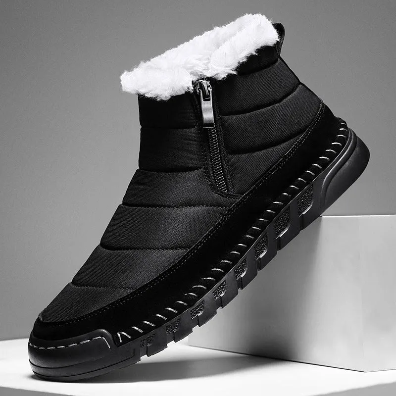 Men's plus size snow boot in black with round toe, cotton upper, and rubber sole.