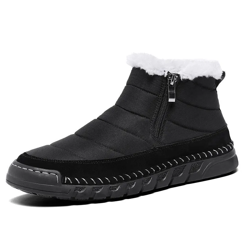 Men's plus size snow boot in black with round toe, cotton upper, and rubber sole.