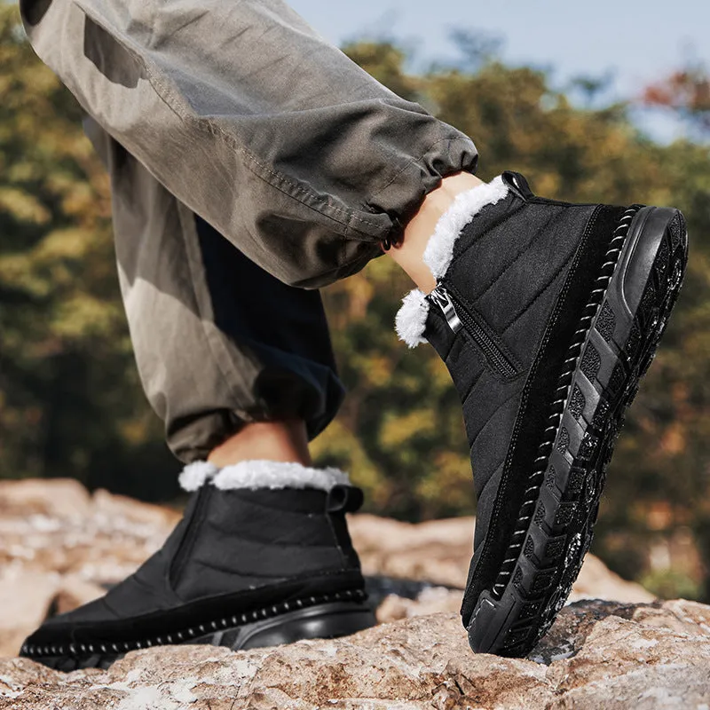 Men's plus size snow boot in black with round toe, cotton upper, and rubber sole.