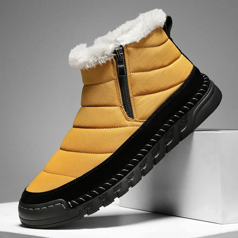 Men's plus size snow boot in black with round toe, cotton upper, and rubber sole.