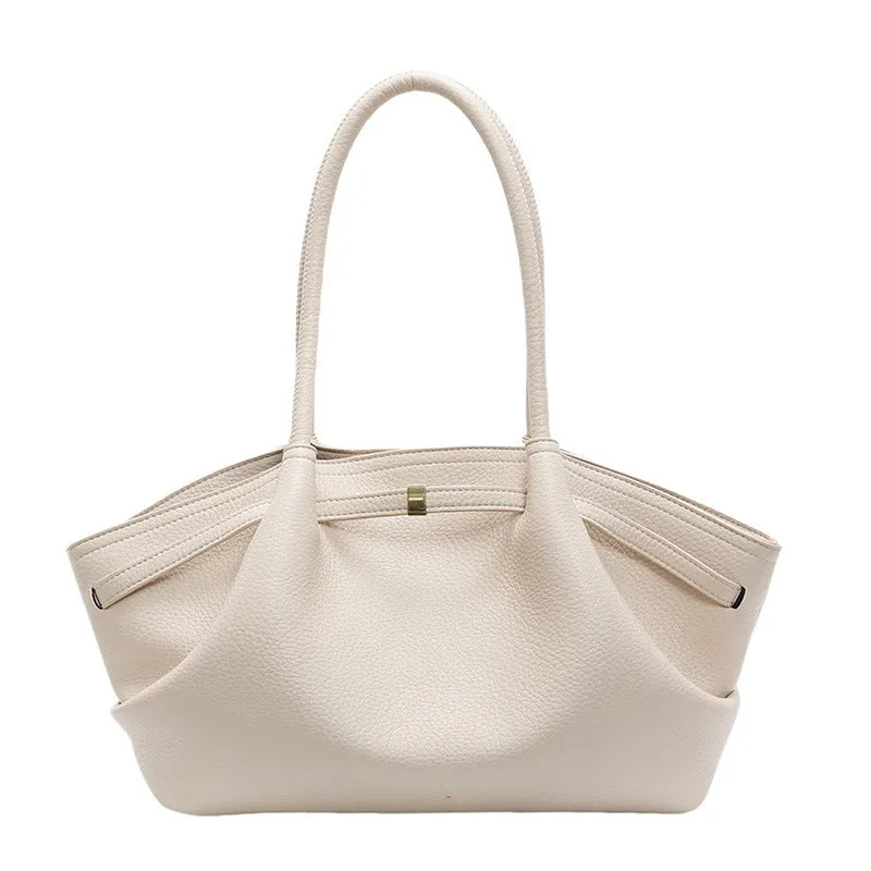 Large capacity one-shoulder underarm bag in beige, square vertical shape with sandwich pocket and sewing thread detail