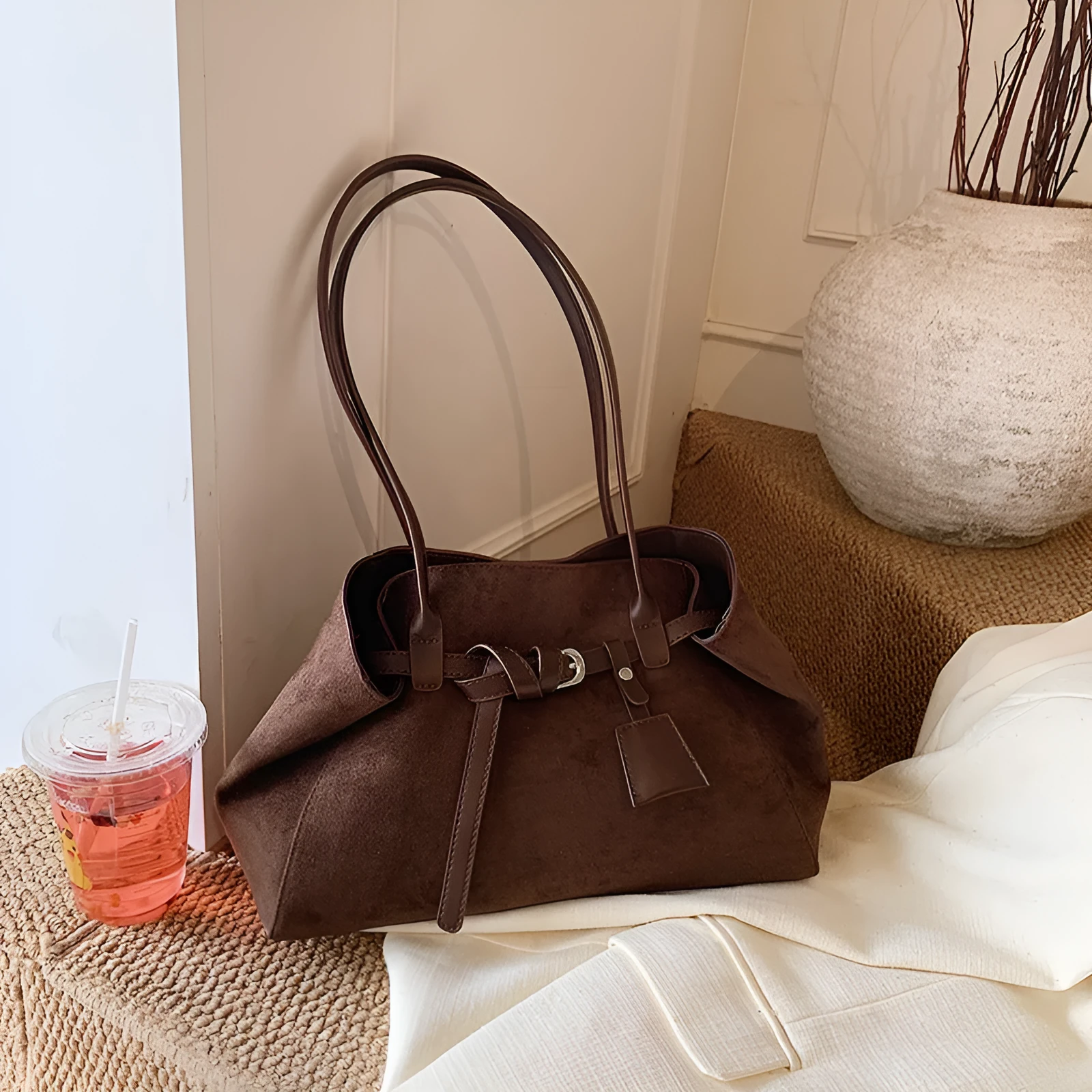 Retro large capacity tote bag in deerskin velvet with matte finish, horizontal square shape, single shoulder strap, available in black brown coffee green
