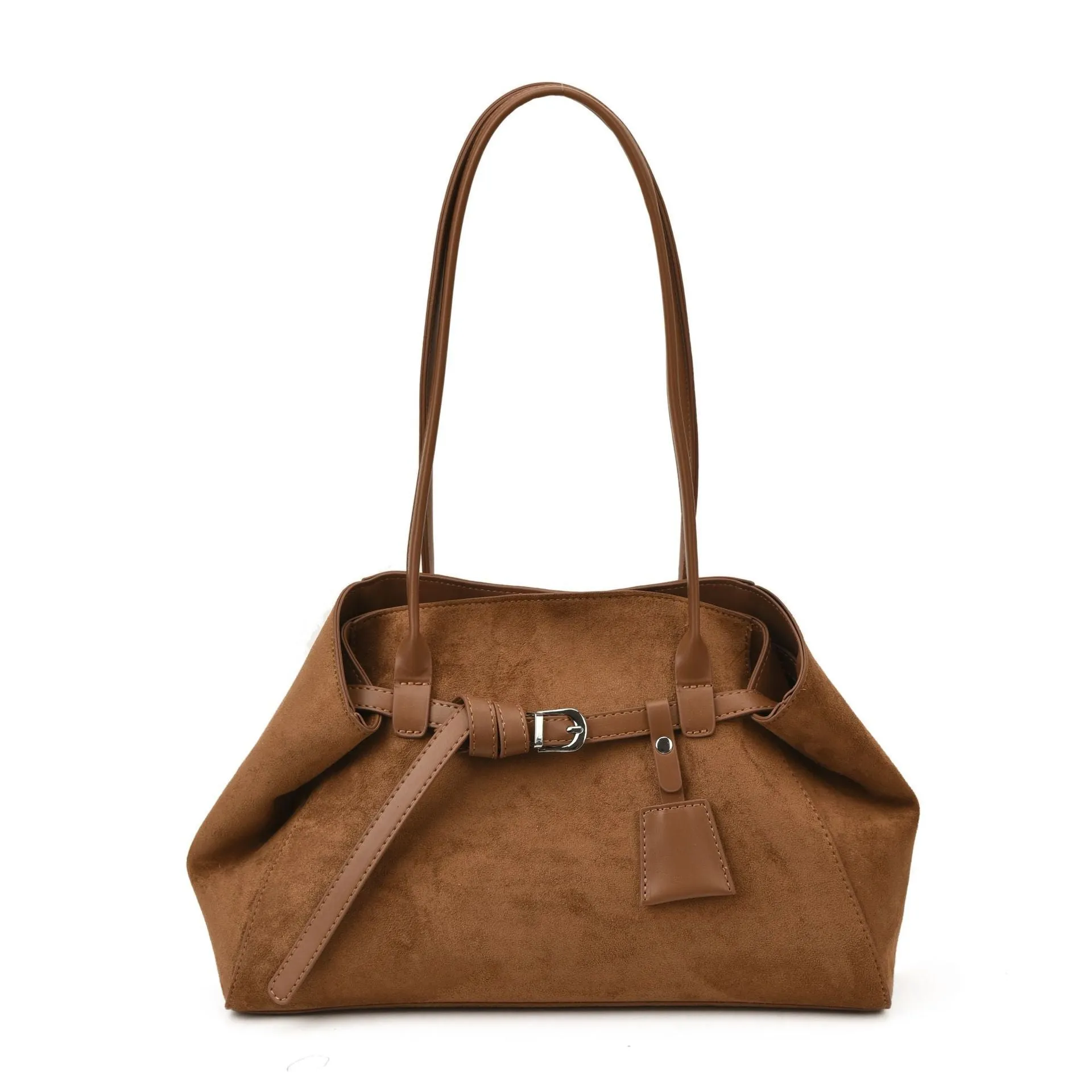 Retro large capacity tote bag in deerskin velvet with matte finish, horizontal square shape, single shoulder strap, available in black brown coffee green