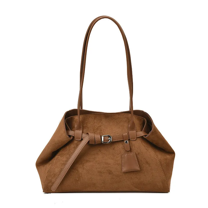 Retro large capacity tote bag in deerskin velvet with matte finish, horizontal square shape, single shoulder strap, available in black brown coffee green