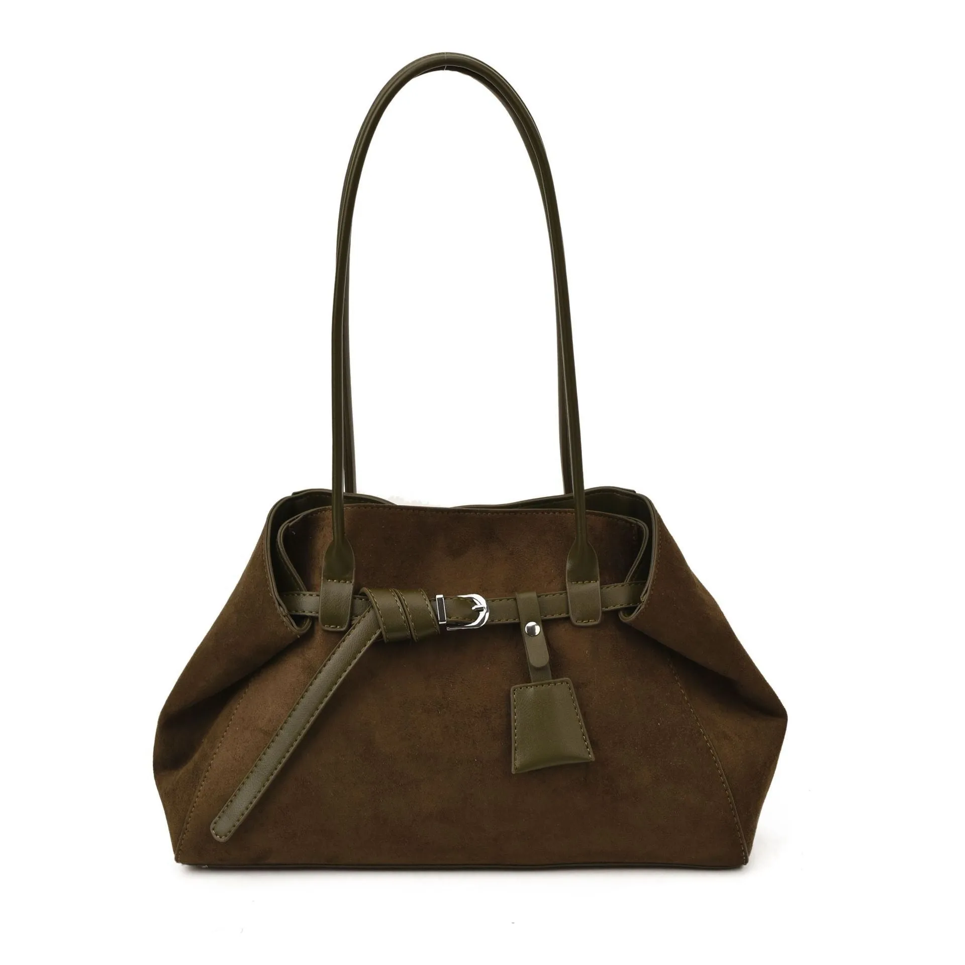 Retro large capacity tote bag in deerskin velvet with matte finish, horizontal square shape, single shoulder strap, available in black brown coffee green