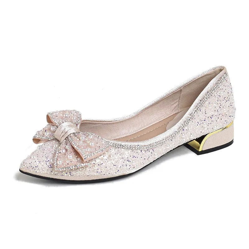 Dignified rhinestone bow flat leisure shoes in apricot, satin upper, low chunky heel, pointed toe
