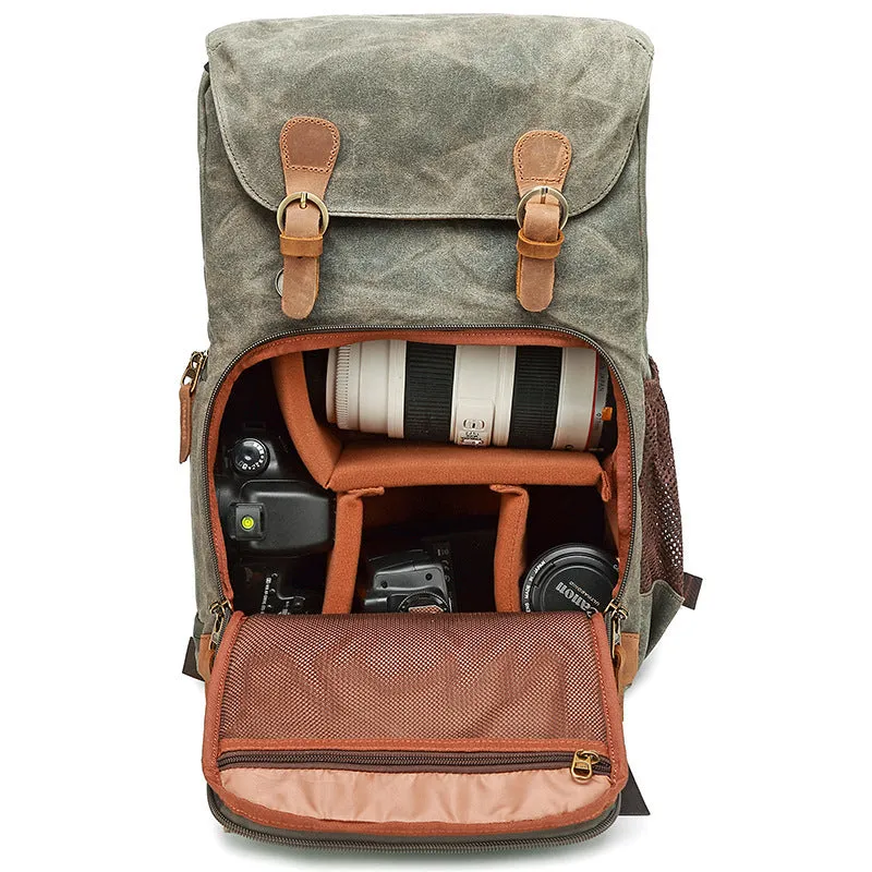 Canvas DSLR camera backpack in khaki colour with waterproof and anti-theft features