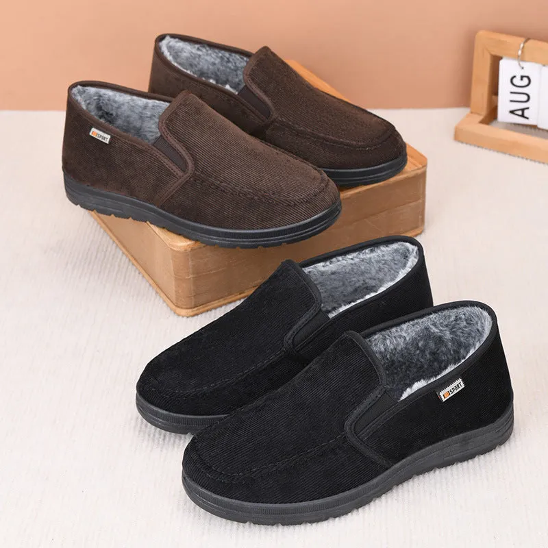 Solid colour Old Beijing cloth shoes with fleece lining, cotton cloth upper, and round toe in black