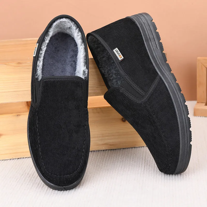 Solid colour Old Beijing cloth shoes with fleece lining, cotton cloth upper, and round toe in black
