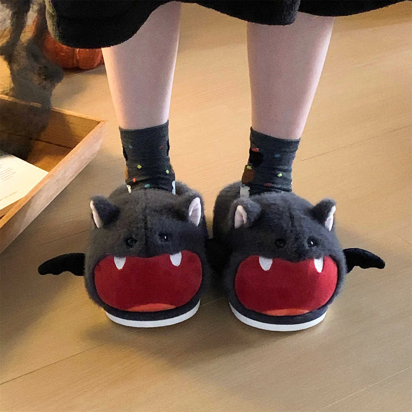 Cute bat Halloween cotton slippers in dark gray with suede upper and velboa lining