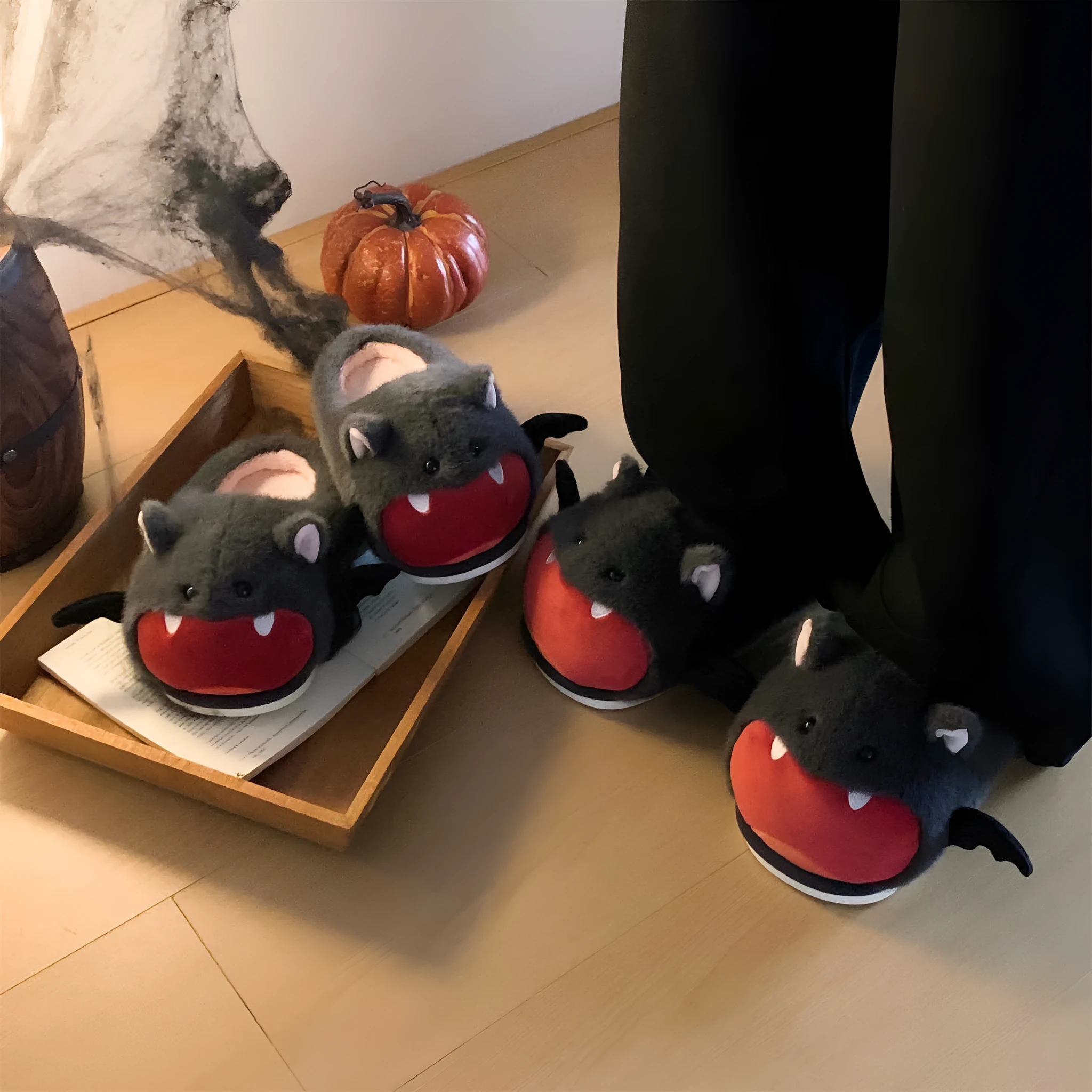 Cute bat Halloween cotton slippers in dark gray with suede upper and velboa lining