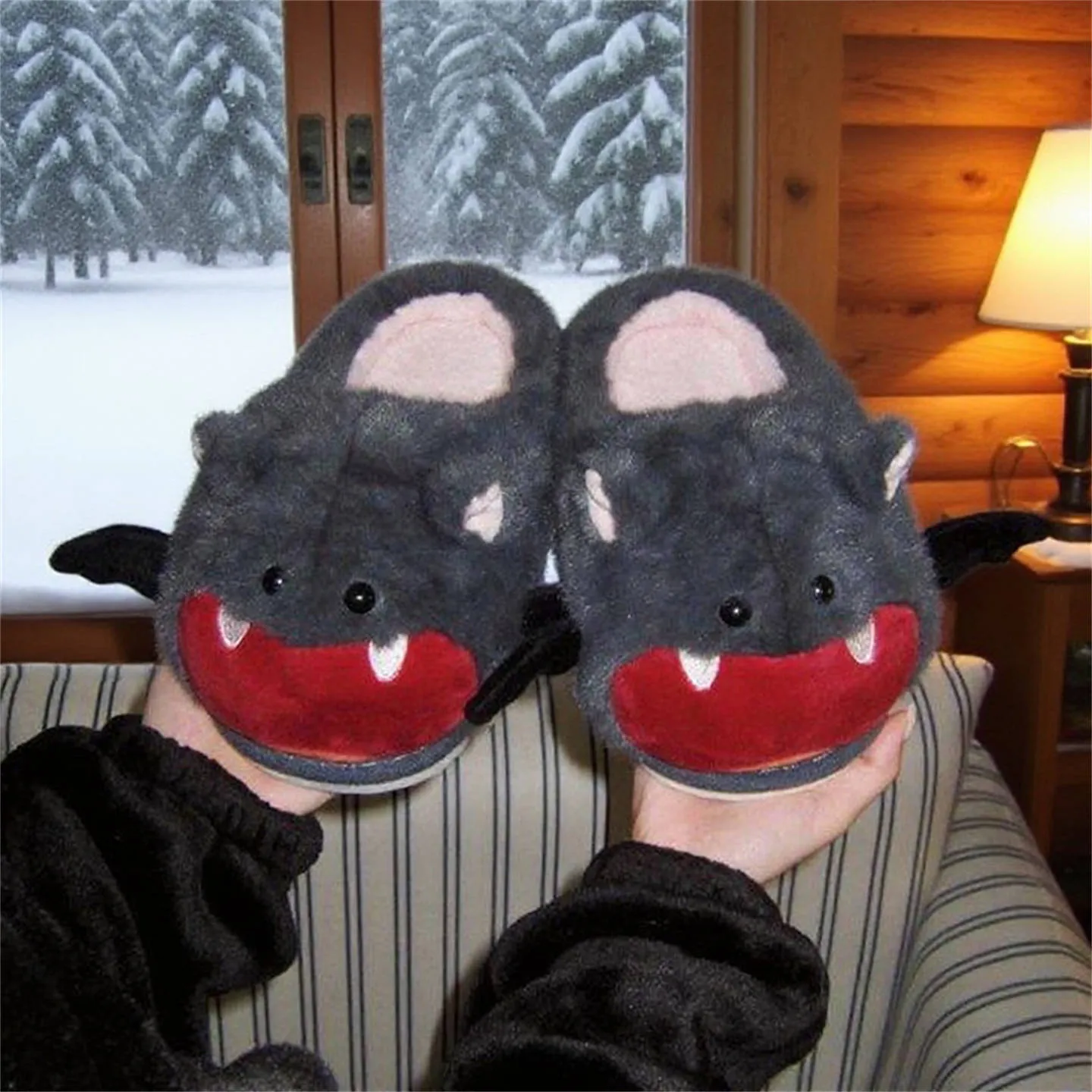 Cute bat Halloween cotton slippers in dark gray with suede upper and velboa lining