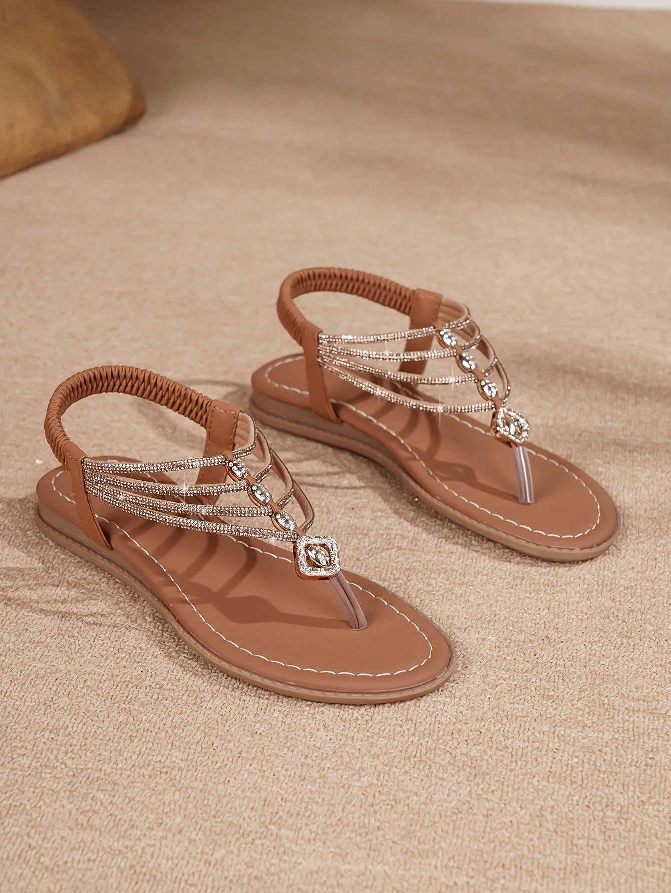 Women's dark brown retro rhinestone sandals with TPR sole and low upper height