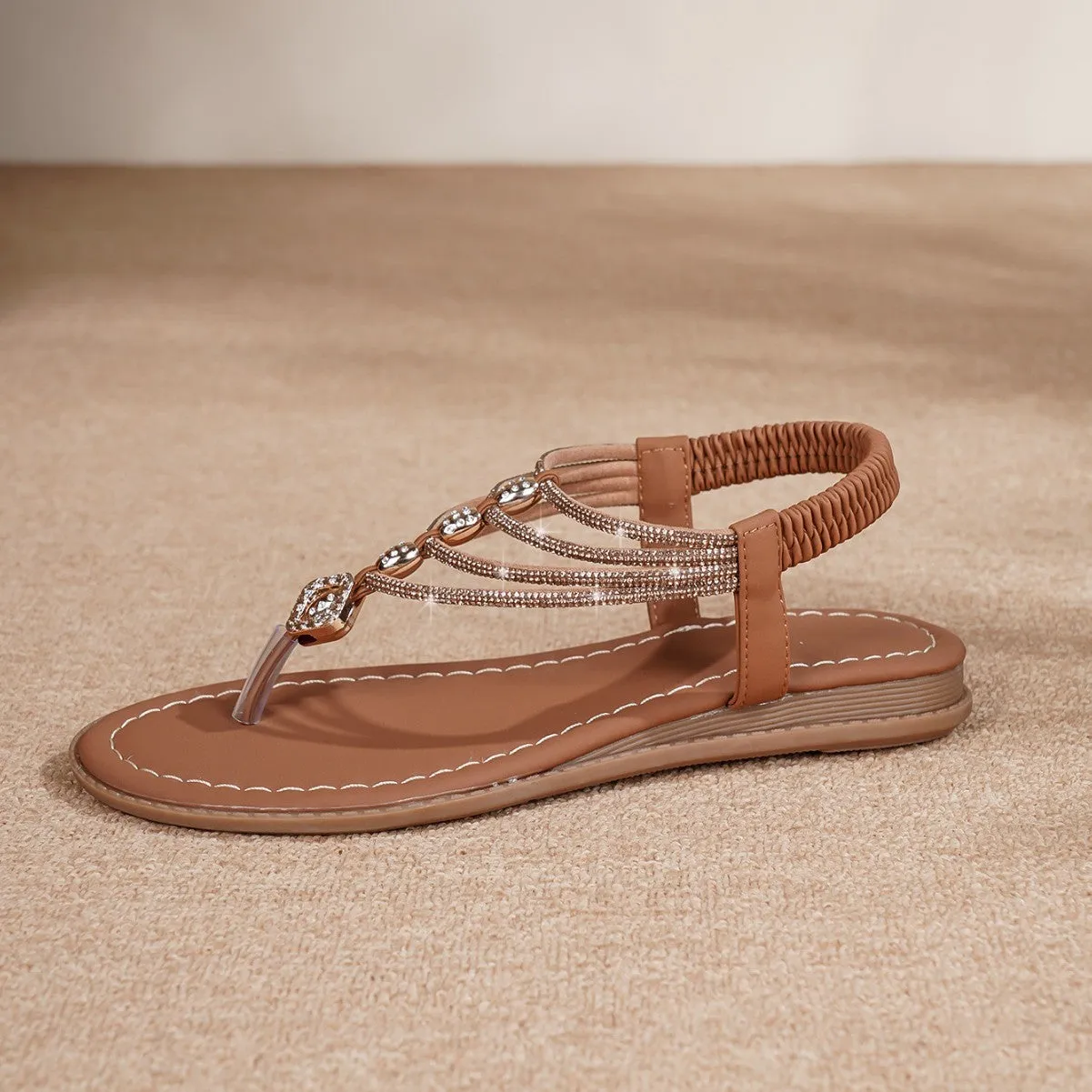 Women's dark brown retro rhinestone sandals with TPR sole and low upper height