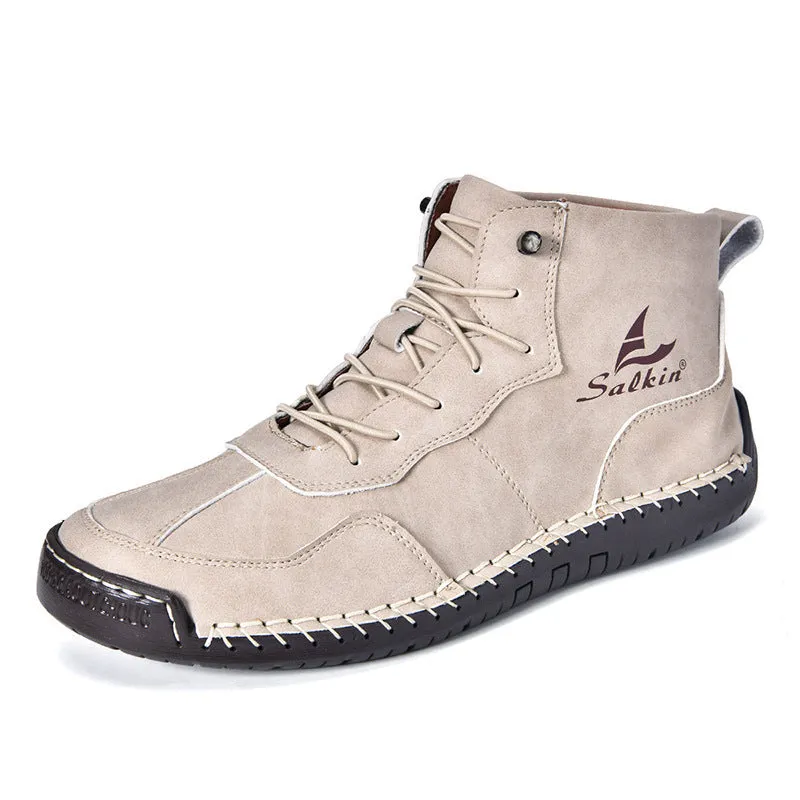 Beige high-top casual boots with elastic band and flat rubber sole