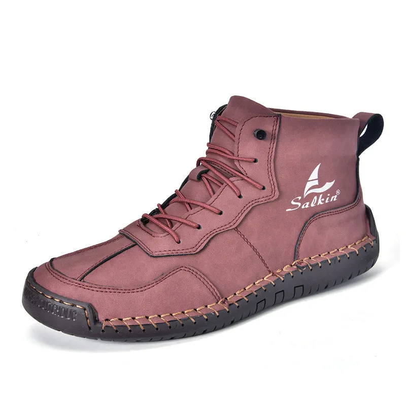 Beige high-top casual boots with elastic band and flat rubber sole