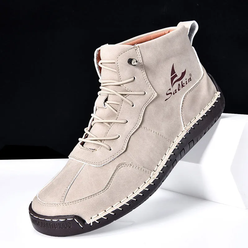 Beige high-top casual boots with elastic band and flat rubber sole