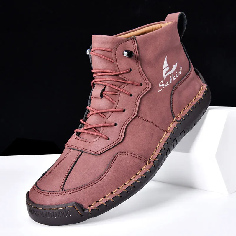 Beige high-top casual boots with elastic band and flat rubber sole