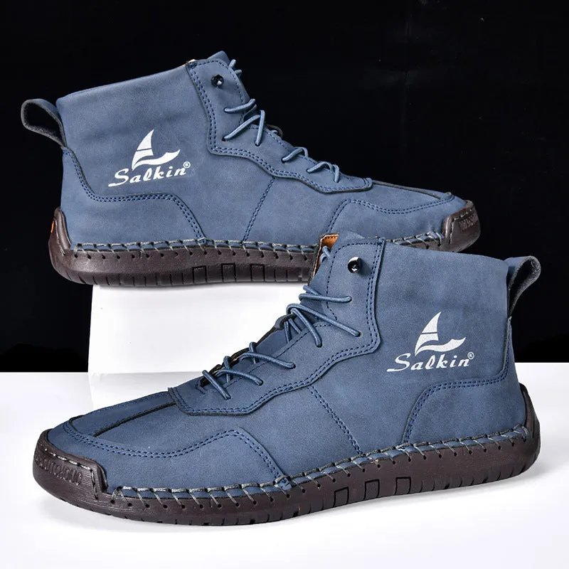 Beige high-top casual boots with elastic band and flat rubber sole