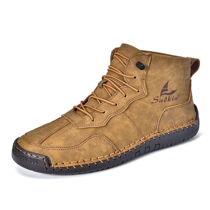 Beige high-top casual boots with elastic band and flat rubber sole
